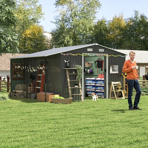 10x12 foot outdoor storage shed with lockable door, oversized metal shed, outdoor steel cabin, tool storage, chicken coop