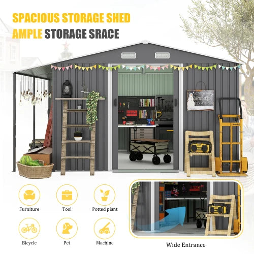 10x12 foot outdoor storage shed with lockable door, oversized metal shed, outdoor steel cabin, tool storage, chicken coop