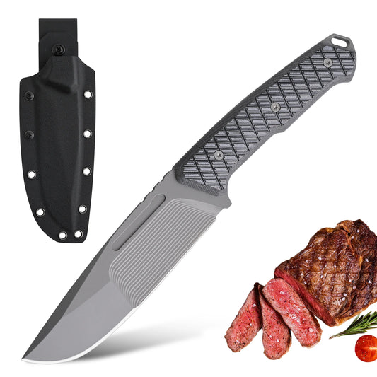 One-piece steel multi-functional steak straight knife with K-sheath and anti-slip textured handle, home meat cutting and deboning knife, portable camping survival hunting knife, outdoor multi-purpose knife.