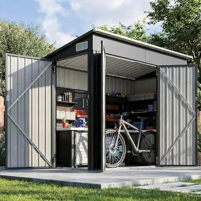 Outdoor Lean to Storage Shed with Triple Doors Utility Galvanized Steel Sheds for Vertical Storage, Dual Lock Metal Shed with Sloped Roof for Mower,Bike,Garden Tools (Black)