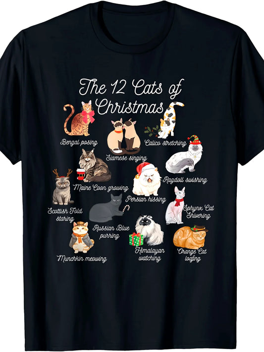 The 12 Cats of Christmas T-Shirt - Funny Cat Lover Graphic Tee with Santa Hats, Reindeer Antlers & Festive Kittens - Black Casual Short Sleeve Shirt for Cat Moms & Dads - Sizes S-3XL, Playful Hol, Cotton Casual Short Sleeve T