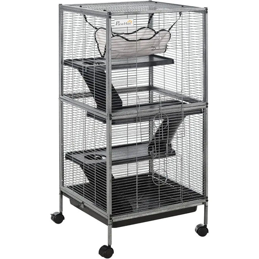 Metal Small Animal Cage, 4-Tiers Rolling Big erret Cage with Hammock, Removable Tray, or Chinchilla, Sugar Glider, Gray