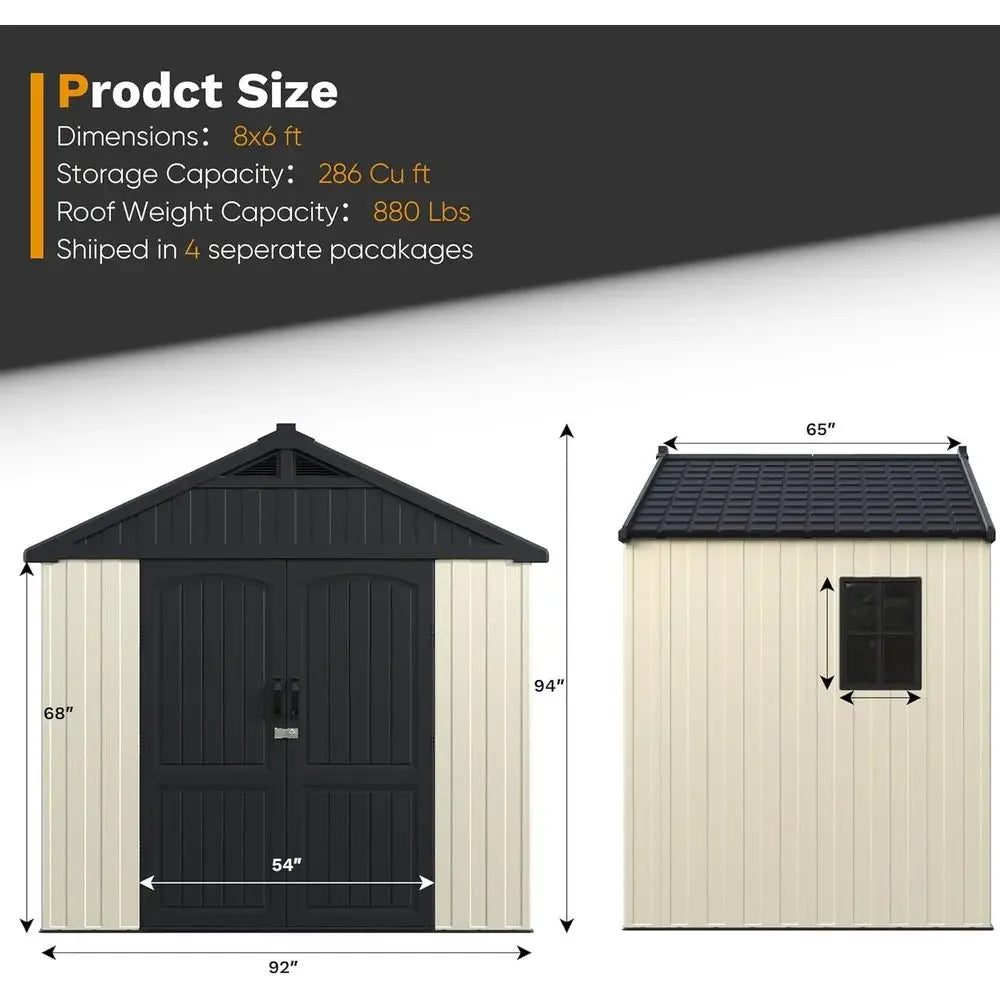 8x6 Beige Outdoor Storage Shed with Floor, DIY Window, and Lockable Door for Garden, Patio, or Backyard