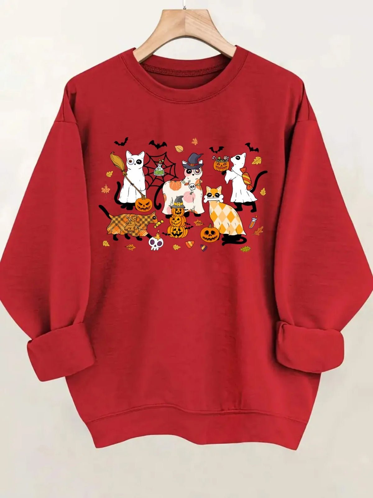 Women's Crewneck Pullover Sweatshirt Halloween Cat Print Design, Soft Casual Long Sleeve, Daily Casual Top Outfit, Winter Women's Clothing, Halloween Costume Outfit