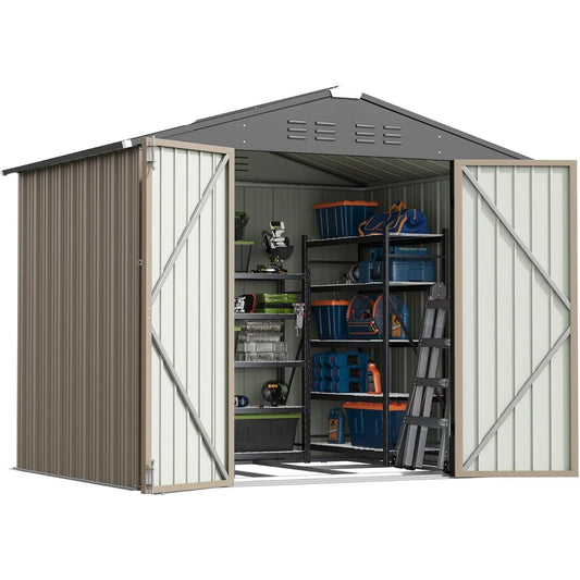 Outdoor Storage Shed with Floor Frame, Metal Sheds | Waterproof Steel Tool Shed with Lockable Door and Sloping Roof for Backyard Patio Lawn Garden, Deep Brown