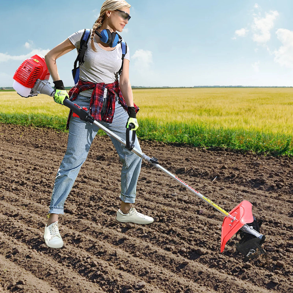 Gasoline Mini Tiller Cultivator 51.7cc Multi-function Rotary Tiller Machinery  1.45kW Cordless Garden Rototiller Farm Tilling Equipment with 25cm Width & 9cm Depth ﻿