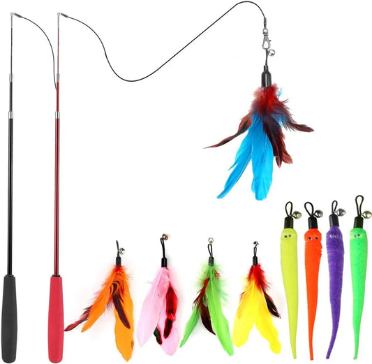 Interactive Cat Toys Retractable Wand Toy and Feather Toy Refills for Indoor Cat