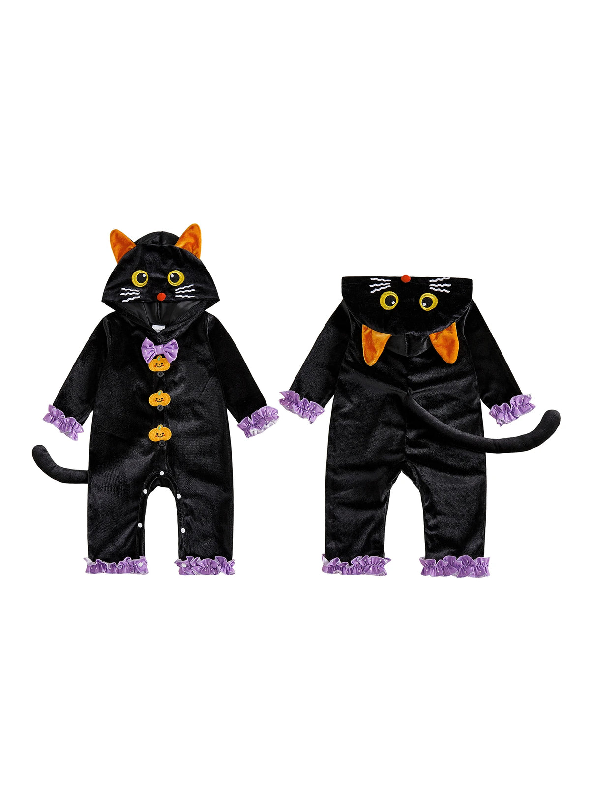 Long Sleeve Sleeve-Hooded-Jumpsuit Costume Button Halloween Cat Down Long Button Down Hooded Jumpsuit Cat