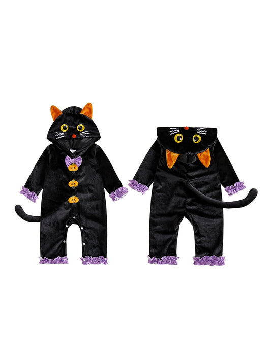 Long Sleeve Sleeve-Hooded-Jumpsuit Costume Button Halloween Cat Down Long Button Down Hooded Jumpsuit Cat