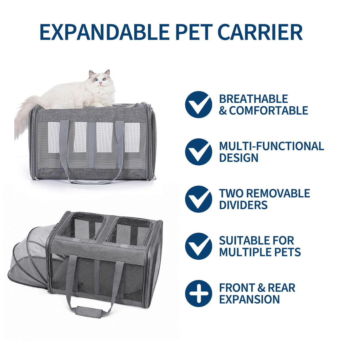 Expandable Pet Carrier, 3-Section Soft-Sided Cat Travel Carrier with Dual Expandable Ends, Breathable Mesh Windows, Removable Divider, Safety Leash & Washable Mat for Cats, Small Dogs, Puppies & Kittens