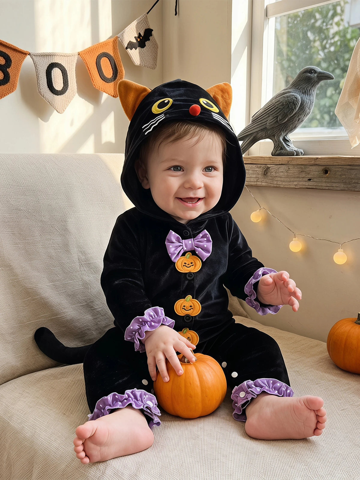 Long Sleeve Sleeve-Hooded-Jumpsuit Costume Button Halloween Cat Down Long Button Down Hooded Jumpsuit Cat