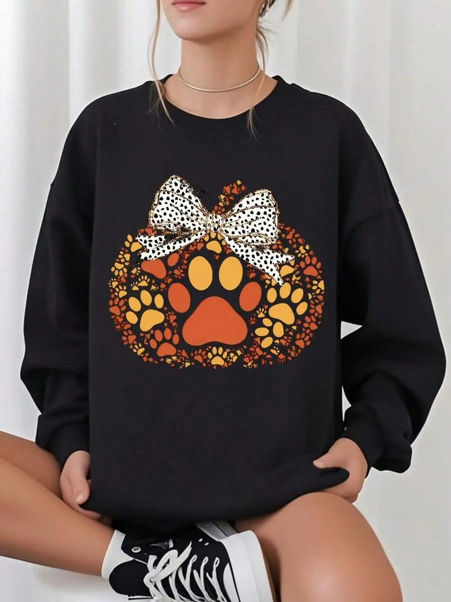 Women Lightweight Crew Neck Sweatshirt, Halloween Pumpkin Design With Dog & Cat Paw Prints, Casual Long‑Sleeve Pullover Top For Fall Thanksgiving Daily Wear