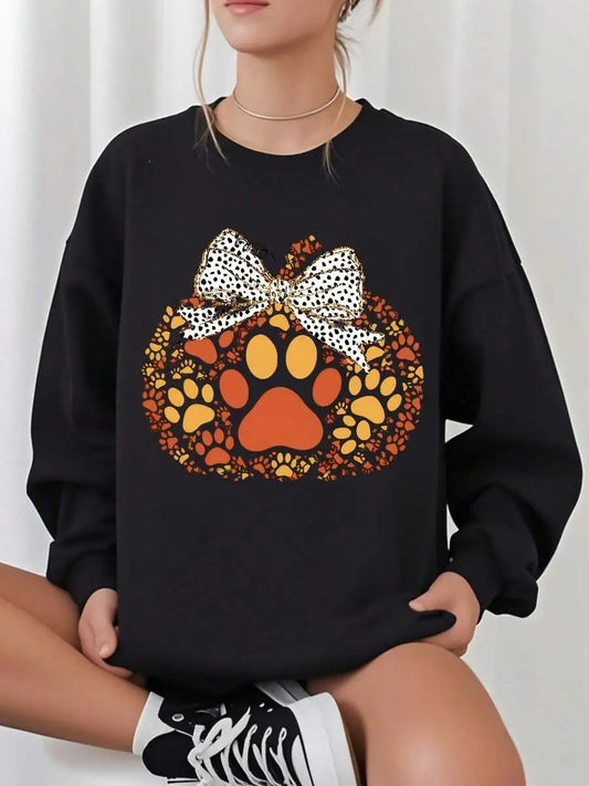 Women Lightweight Crew Neck Sweatshirt, Halloween Pumpkin Design With Dog & Cat Paw Prints, Casual Long‑Sleeve Pullover Top For Fall Thanksgiving Daily Wear