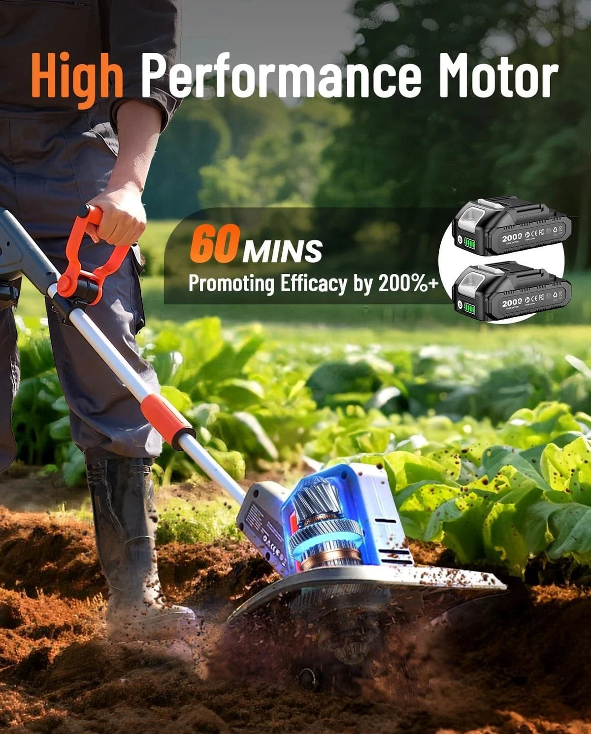 TaskStar Cordless Tiller Cultivator for Gardening 2*2.0Ah Battery Powered Garden Rototiller with 48 Steel Tines 360RPM Lightweight Small Hand Tiller for Soil Cultivating