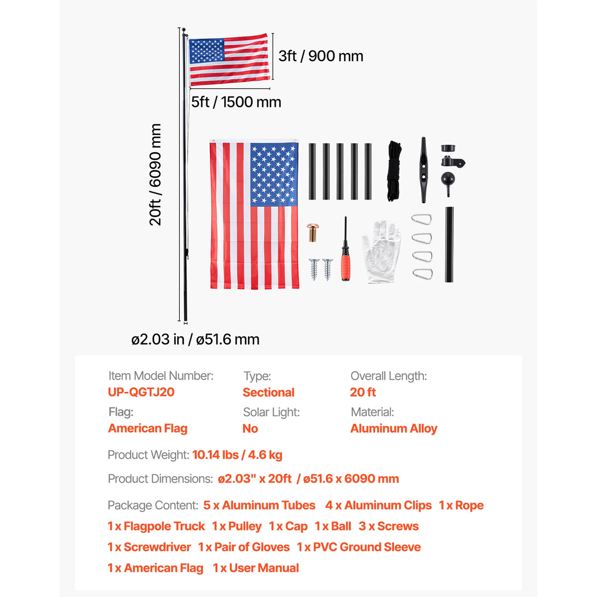 SucceBuy Flag Pole 20 ft Sectional Flagpole Kit Extra Thick Aluminum Flagpole Kit with 3x5 American Flag for Yard Residential