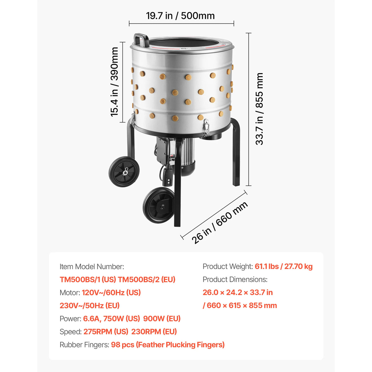 SucceBuy Chicken Plucker Machine 15.7in/19.7in/25.6in Drum with Soft Fingers & Transport Wheels for Processing 1-2/4 Chicks Once