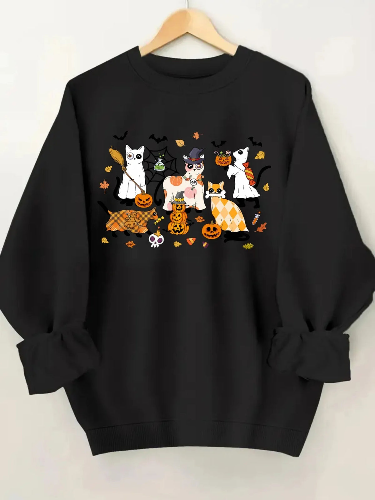 Women's Crewneck Pullover Sweatshirt Halloween Cat Print Design, Soft Casual Long Sleeve, Daily Casual Top Outfit, Winter Women's Clothing, Halloween Costume Outfit