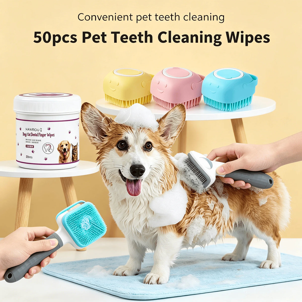 Complete Pet Grooming Kit: Dog & Cat Deshedding Brush, 2-in-1 Silicone Bath Brush with Bubbler, and Finger Tooth Wipes for Teeth Cleaning, All-in-One Home Spa Care
