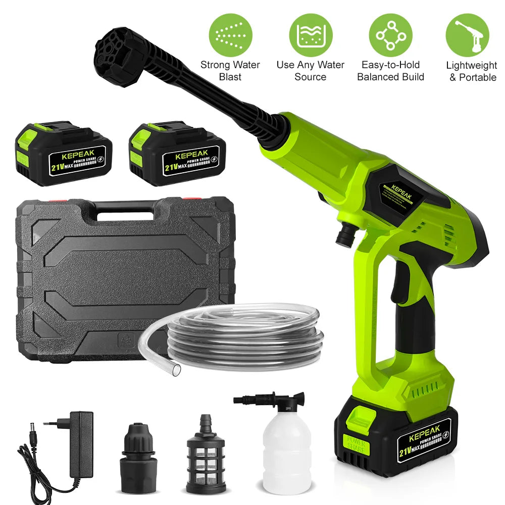 Adjustable High Pressure Cordless Portable Power Washer 1500PSI 21V 200W Wireless Water Cleaner with 13000mAh Large Capacity Battery 6-in-1 Multi Function Nozzle & Foam Bottle Outdoor Home Cleaning Tool