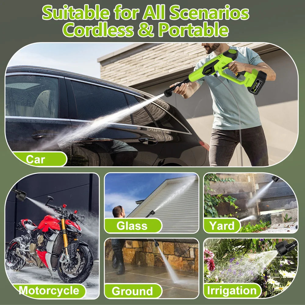 Adjustable High Pressure Cordless Portable Power Washer 1500PSI 21V 200W Wireless Water Cleaner with 13000mAh Large Capacity Battery 6-in-1 Multi Function Nozzle & Foam Bottle Outdoor Home Cleaning Tool