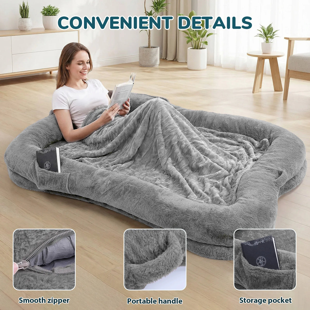 Human Dog Bed Washable Large Size Non Slip Bottom Comfortable Plush 180x120x30cm Giant Size Dog Bed with Blanket and Pocket