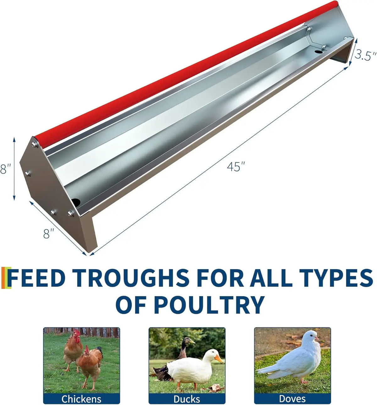 Livestock Feeding Trough Chicken Feeder 114cm Hay Feeder Metal Duck Feeder Galvanized Steel Poultry Feeder Trough with Drainage Holes & Rotatable Handle for Coop, Pigeon, Duck