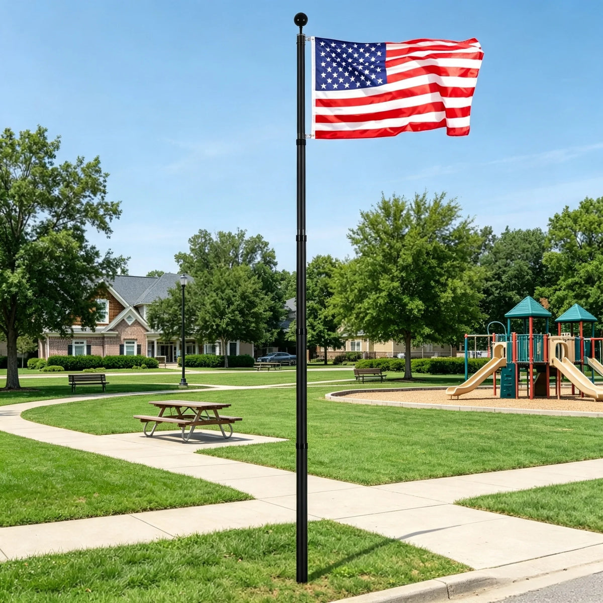 25FT Black Telescoping Flagpole Kit, 3 Display Modes with 3x5 US American Flag Complete Accessories Heavy Duty Flag Pole for Outdoor Yard Lawn Garden Backyard