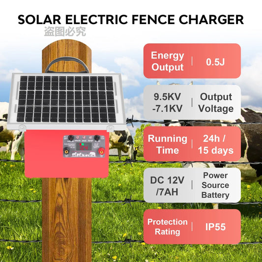 36KM/20 Miles Solar Electric Fence Charger Electric Fence Energizer for Livestock Prevent Predator Invasion Poultry with battery