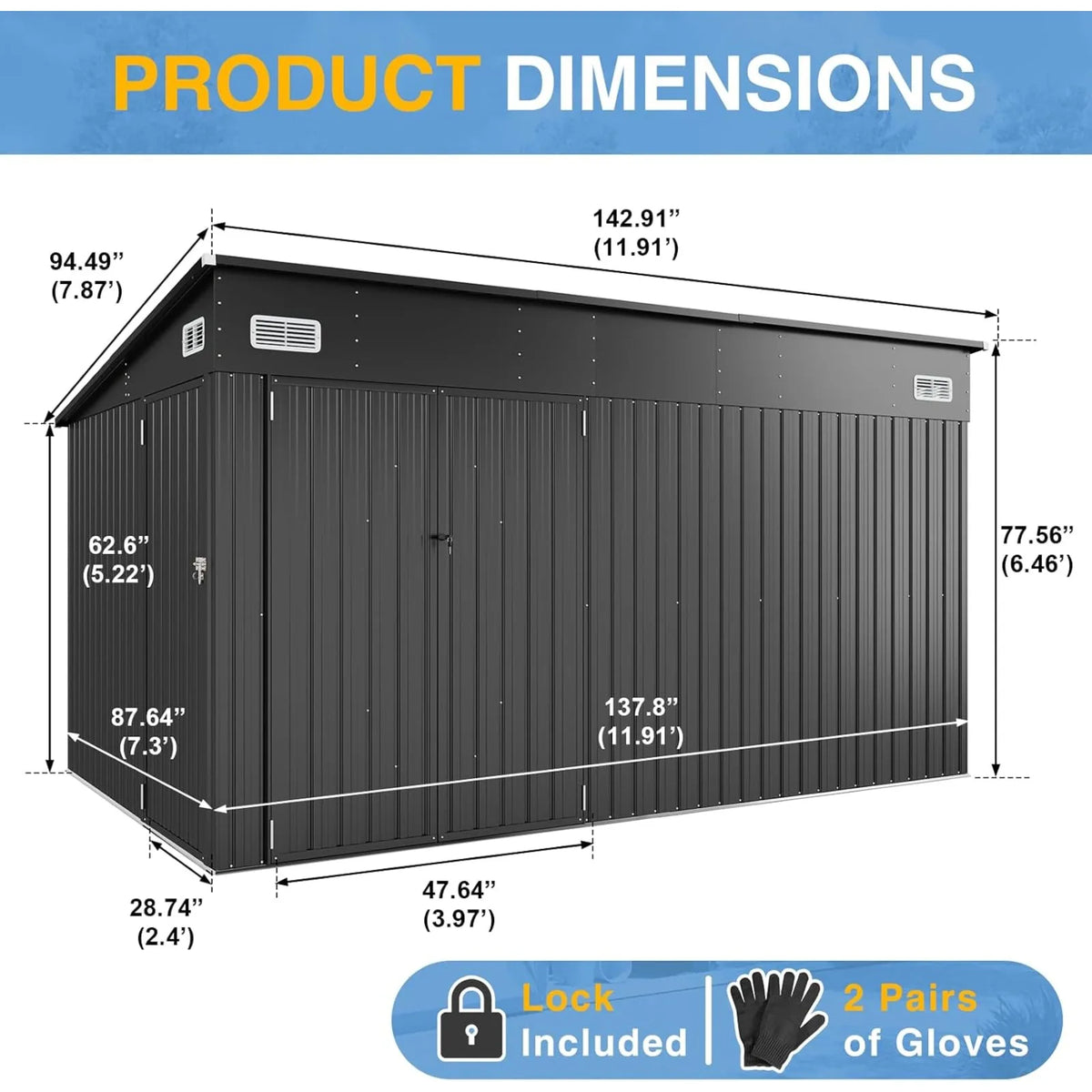 Outdoor Lean to Storage Shed with Triple Doors Utility Galvanized Steel Sheds for Vertical Storage, Dual Lock Metal Shed with Sloped Roof for Mower,Bike,Garden Tools (Black)