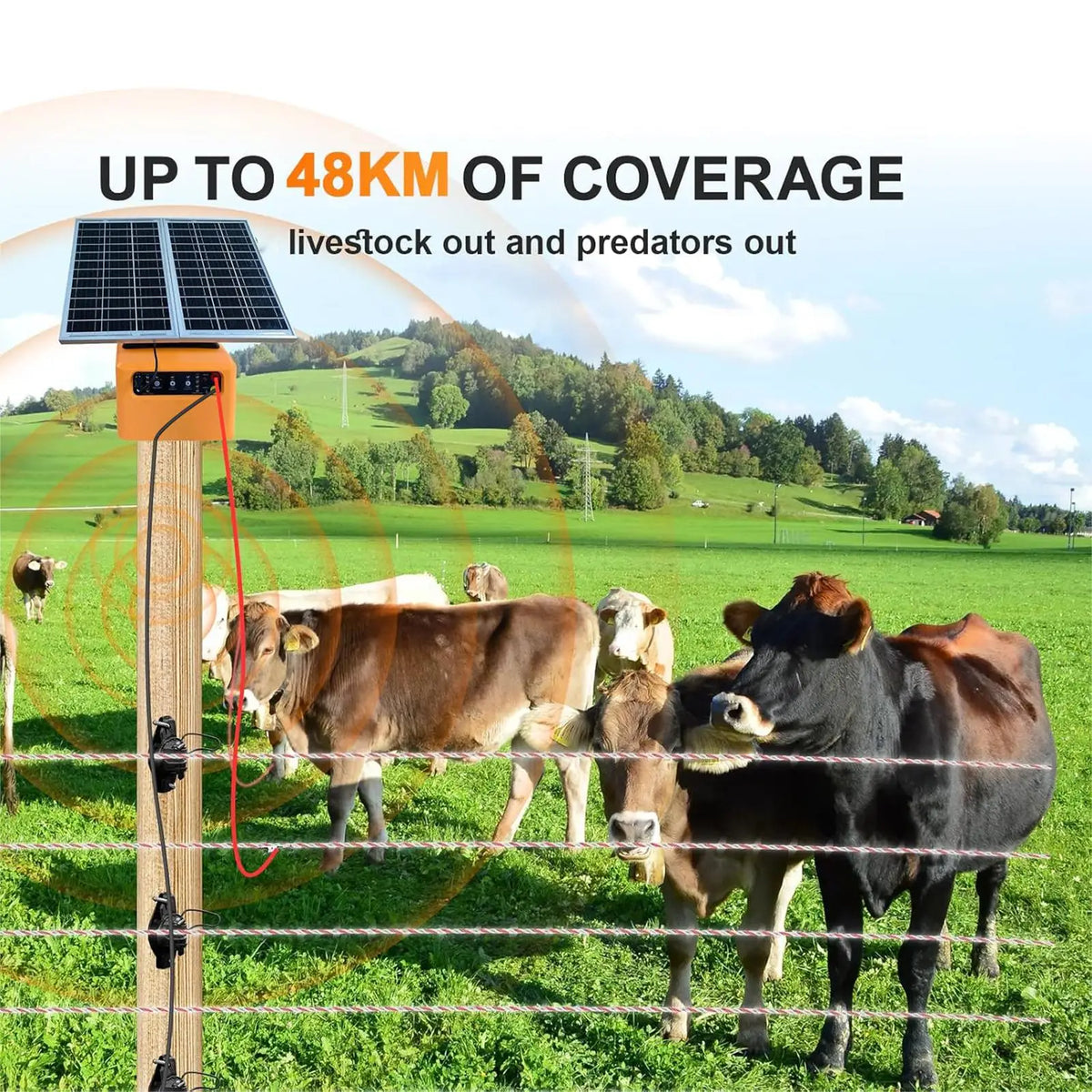 48km Solar Electric Fence Charger 4 Gear 6/8/10/12KV Adjustable 1.5 J for Farm Livestock Poultry Prevent Predator Invasion