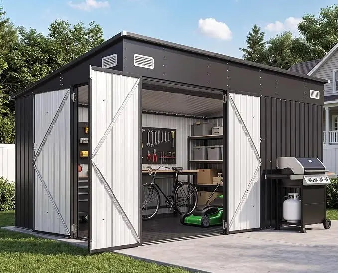 Outdoor Lean to Storage Shed with Triple Doors Utility Galvanized Steel Sheds for Vertical Storage, Dual Lock Metal Shed with Sloped Roof for Mower,Bike,Garden Tools (Black)