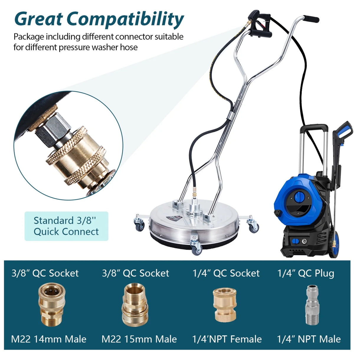 24" Stainless Steel Pressure Washer Surface Cleaner with 4 Wheels, 4000 Max PSI, 3/8 Quick Connector, 2 Replacement Nozzles, Dual Handle, Power Washer Surface Cleaner for Concrete, Patio, Sidewalk, Deck, Driveways
