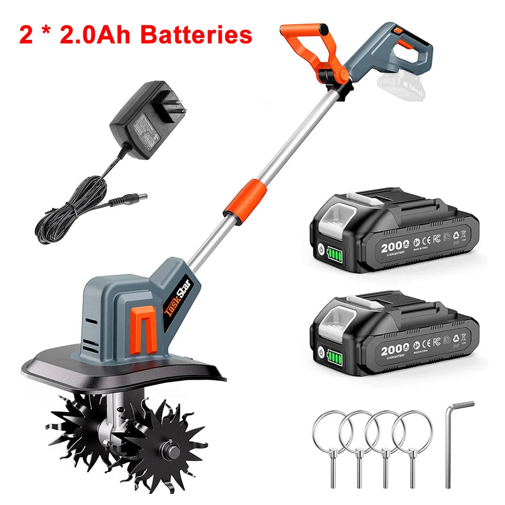 TaskStar Cordless Tiller Cultivator for Gardening 2*2.0Ah Battery Powered Garden Rototiller with 48 Steel Tines 360RPM Lightweight Small Hand Tiller for Soil Cultivating