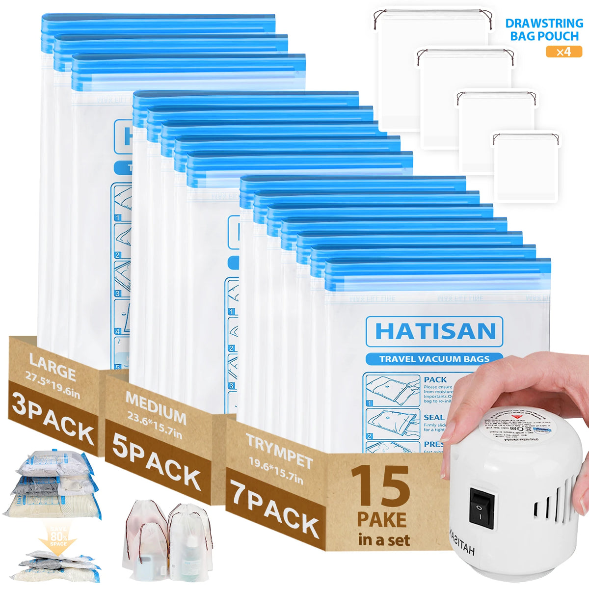 15 Pack Vacuum Storage Bags with Electric Pump, Vacuum Storage Bags Space Saver,  Vacuum Compression Bags for Clothes, Bedding