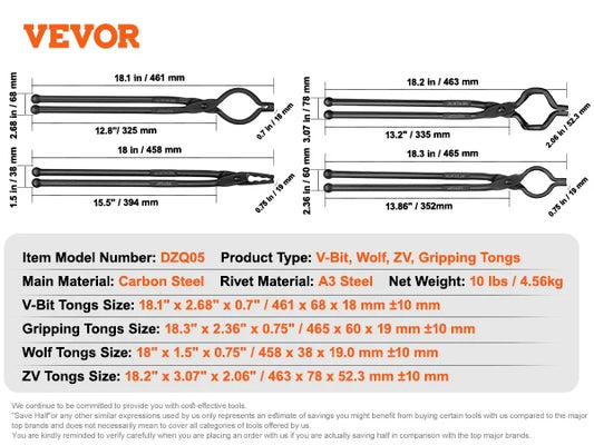 SucceBuy Blacksmith Tongs 18” V-Bit Bolt Tongs Wolf Jaw Tongs Z V-Bit Tongs and Gripping Tongs Carbon Steel Forge Tongs