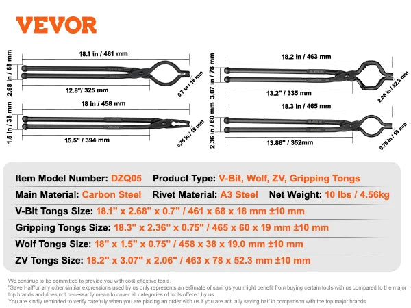 SucceBuy Blacksmith Tongs 18” V-Bit Bolt Tongs Wolf Jaw Tongs Z V-Bit Tongs and Gripping Tongs Carbon Steel Forge Tongs