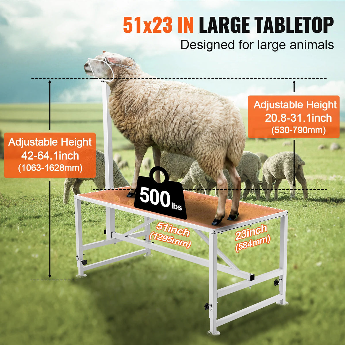 SucceBuy Goat & Sheep Stand 51x23 in Livestock Stand Metal Livestock Milking  Shearing Stand 21" to 33" Adjustable Height  White