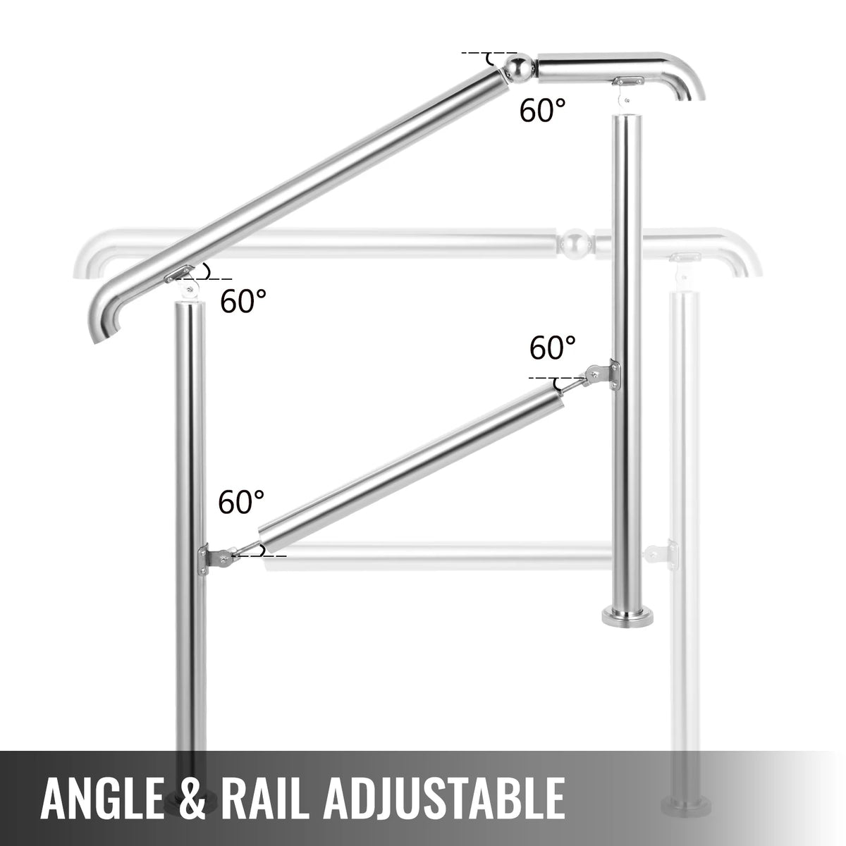 SucceBuy 3-5 Step Railing Stainless Steel Transitional Handrail Fit For Level Surface Adjustable Stair Railing Safely Downstairs