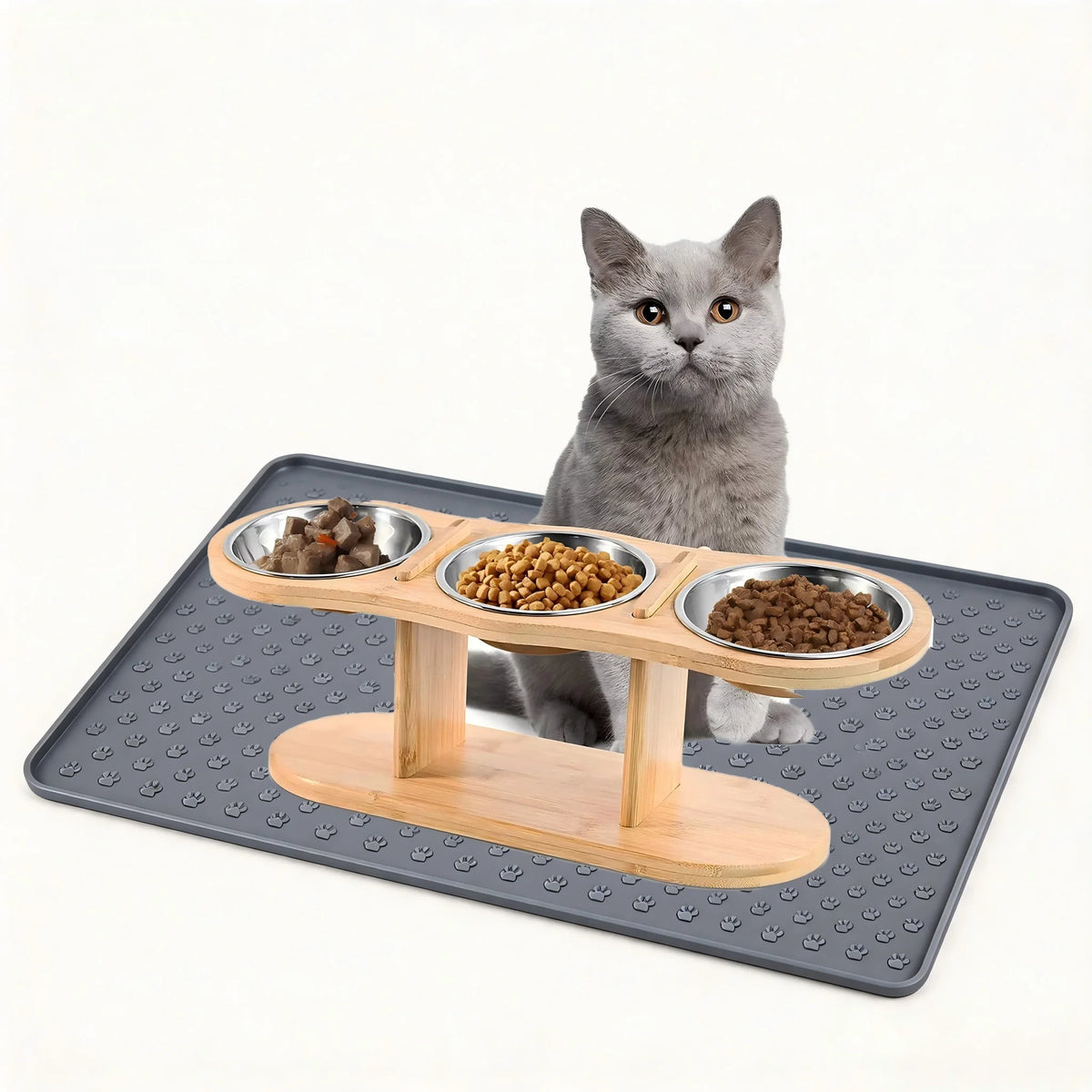 Cat 3 Bowls in 1 Raised Feeder with Silicone Food Mat 15-Degree Tilt Elevated Wood Stand 3 Stainless Steel Bowls Puppy Cat Feeding Watering Supplies