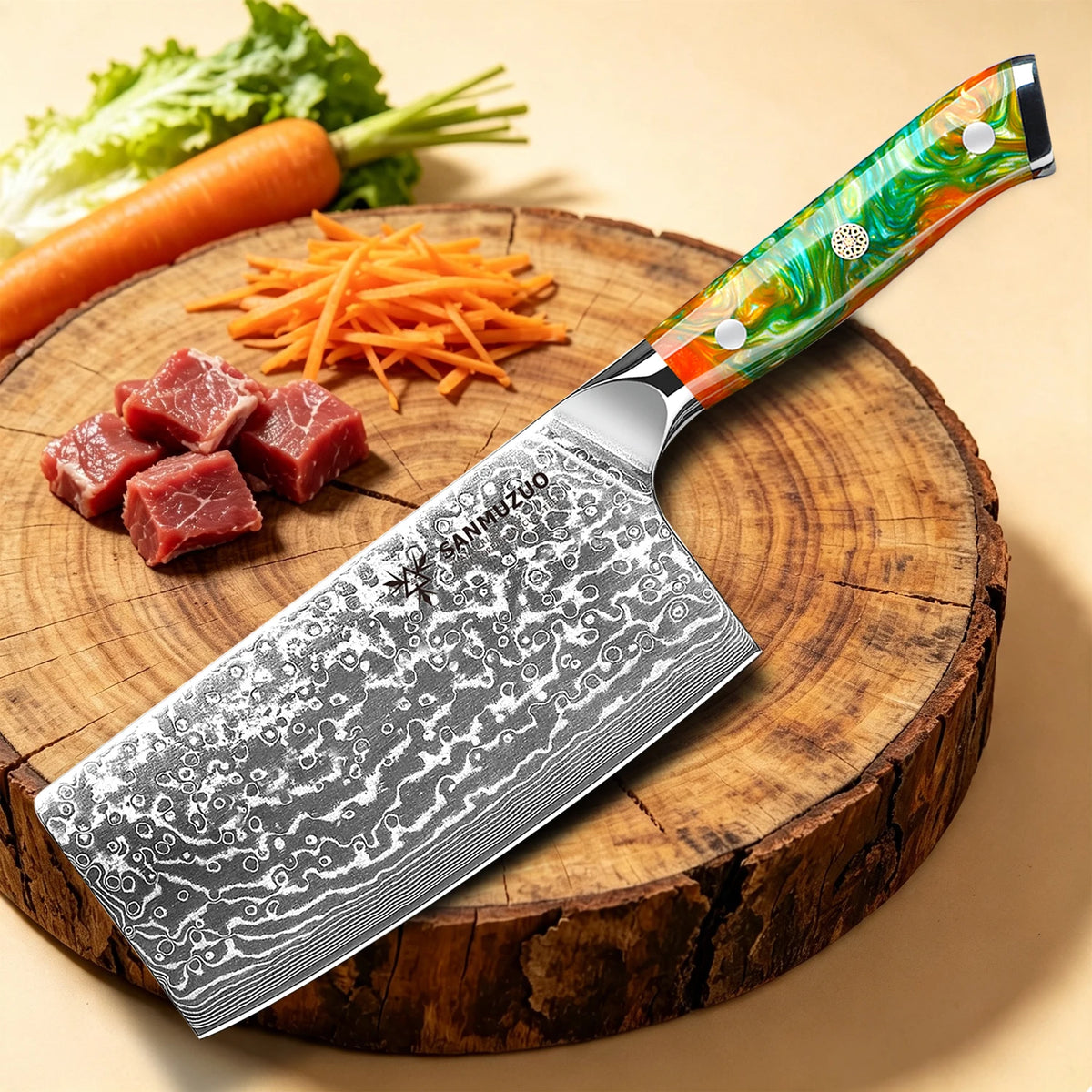 SANMUZUO 7 Inch Chinese Cleaver Knife - Professional Damascus Steel Chef Knife for Meat Vegetable - Ergonomic Resin Handle Kitchen Tool - Xuan Series