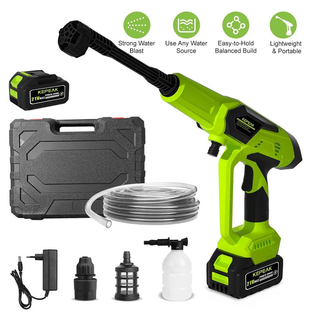 Adjustable High Pressure Cordless Portable Power Washer 1500PSI 21V 200W Wireless Water Cleaner with 13000mAh Large Capacity Battery 6-in-1 Multi Function Nozzle & Foam Bottle Outdoor Home Cleaning Tool