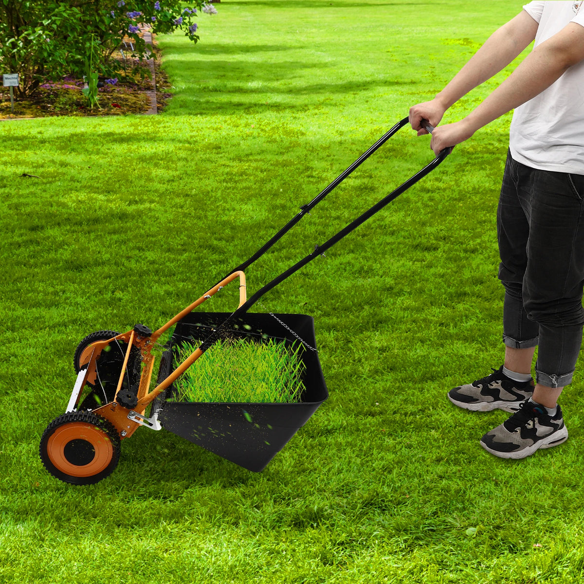 16 Inch Hand Push Lawn Mower Steel Aluminum Plastic Sprayed Wear-resistant 4 Sharp Five-edged Blades 0.47-1.65in Adjustable Cut Height Manual Wheeled Grass Cutting Machine No-power Eco Lawn Trimmer For Villa Household Backyar