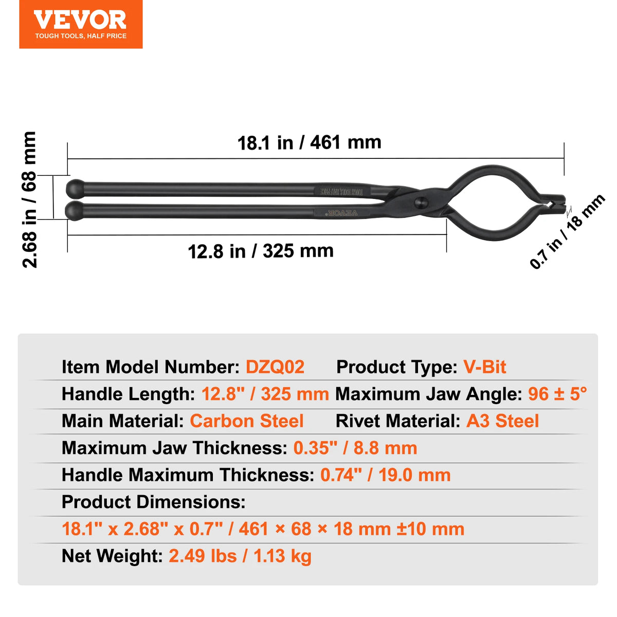 SucceBuy Blacksmith Tongs 18” V-Bit Bolt Tongs Wolf Jaw Tongs Z V-Bit Tongs and Gripping Tongs Carbon Steel Forge Tongs