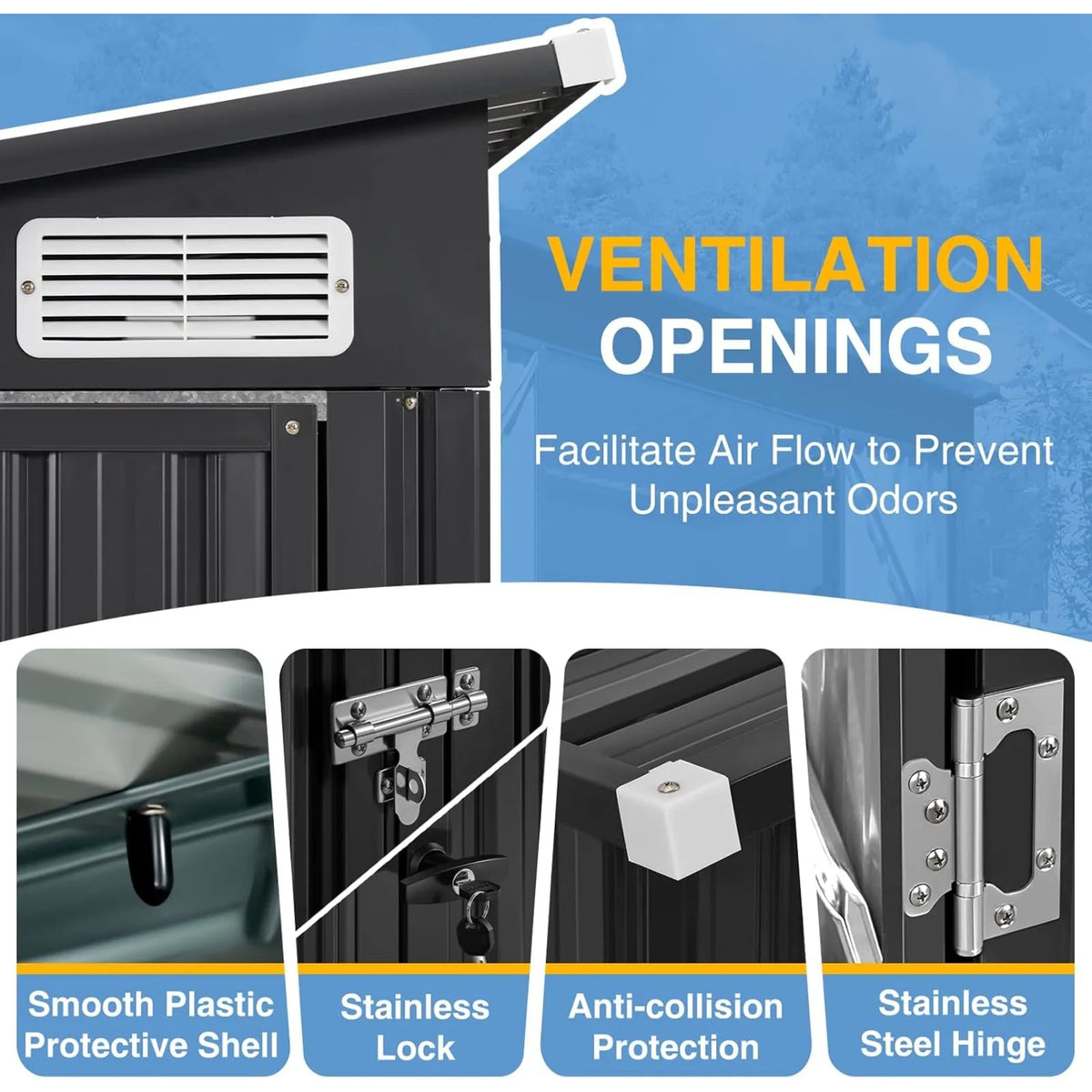 Outdoor Lean to Storage Shed with Triple Doors Utility Galvanized Steel Sheds for Vertical Storage, Dual Lock Metal Shed with Sloped Roof for Mower,Bike,Garden Tools (Black)