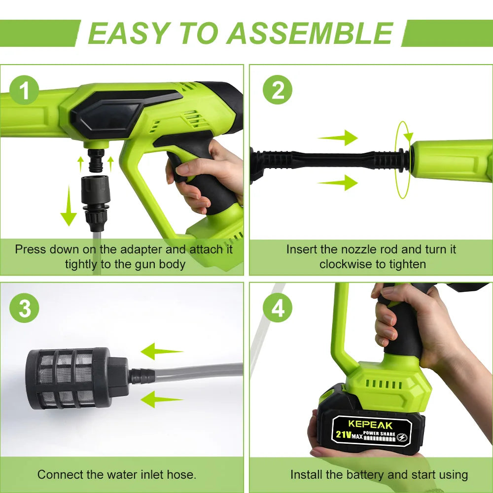 Adjustable High Pressure Cordless Portable Power Washer 1500PSI 21V 200W Wireless Water Cleaner with 13000mAh Large Capacity Battery 6-in-1 Multi Function Nozzle & Foam Bottle Outdoor Home Cleaning Tool