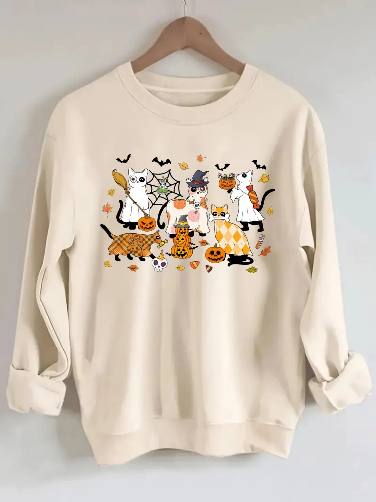 Women's Crewneck Pullover Sweatshirt Halloween Cat Print Design, Soft Casual Long Sleeve, Daily Casual Top Outfit, Winter Women's Clothing, Halloween Costume Outfit