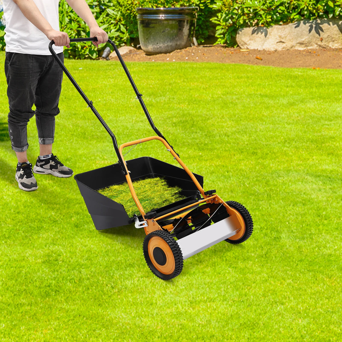 16 Inch Hand Push Lawn Mower Steel Aluminum Plastic Sprayed Wear-resistant 4 Sharp Five-edged Blades 0.47-1.65in Adjustable Cut Height Manual Wheeled Grass Cutting Machine No-power Eco Lawn Trimmer For Villa Household Backyar