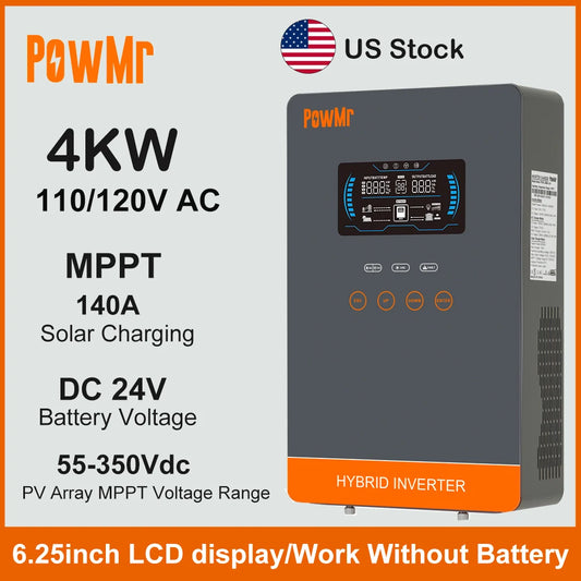 US Stock 4KW 120V Off Grid Solar Inversor DC 24V 140A MPPT Solar Charger Pure Sine Wave Home Inverters 6.25 Inch LCD Display
