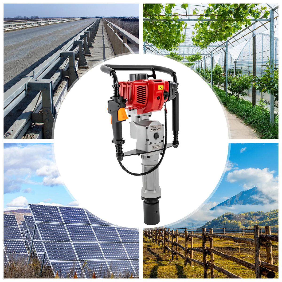 1900W Petrol Pile Driver 52cc 2 Stroke Engine Post Driver Air Cooling Single-cylinder Petrol Garden Fencing Push Pile Tool