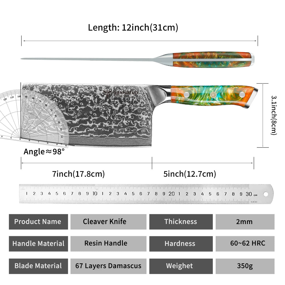 SANMUZUO 7 Inch Chinese Cleaver Knife - Professional Damascus Steel Chef Knife for Meat Vegetable - Ergonomic Resin Handle Kitchen Tool - Xuan Series